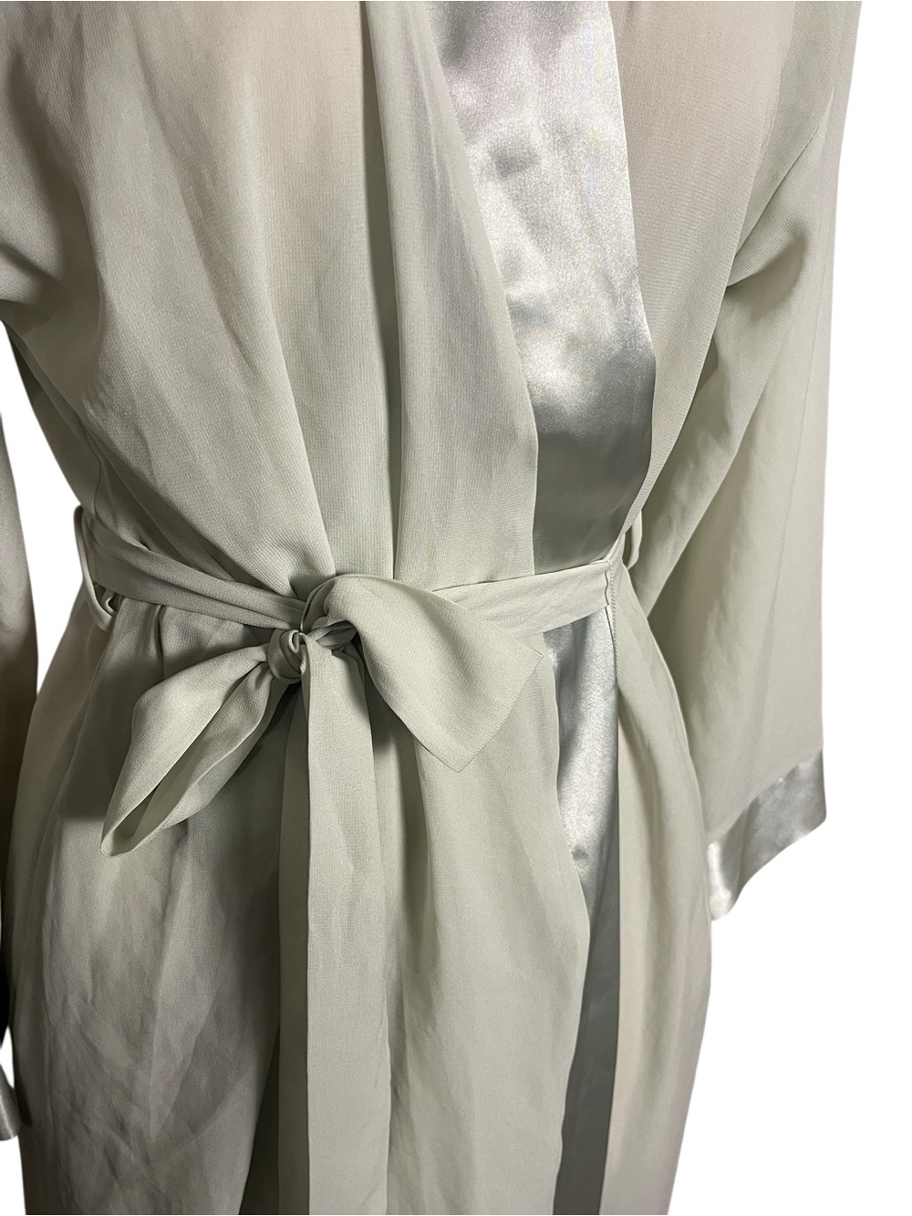 Vintage Halston Sage Green Satin Trim Wrap Robe Duster Maxi Sheer Jacket M - Picture 3 of 12